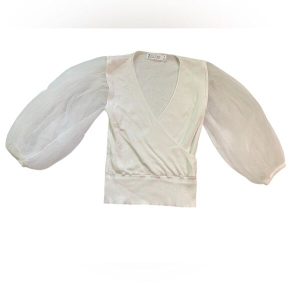 New York & Company Tops - 7th Avenue Design Studio New York & Co. White V-Neck Sheer Puff Sleeve Blouse